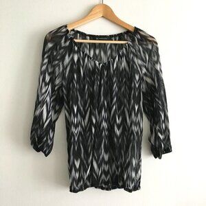 INC International Concept Sheer 3/4 Sleeve Blouse Top V Neck Black‎ White Size S
